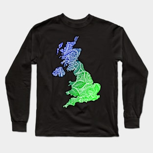 Colorful mandala art map of United Kingdom with text in blue and green Long Sleeve T-Shirt